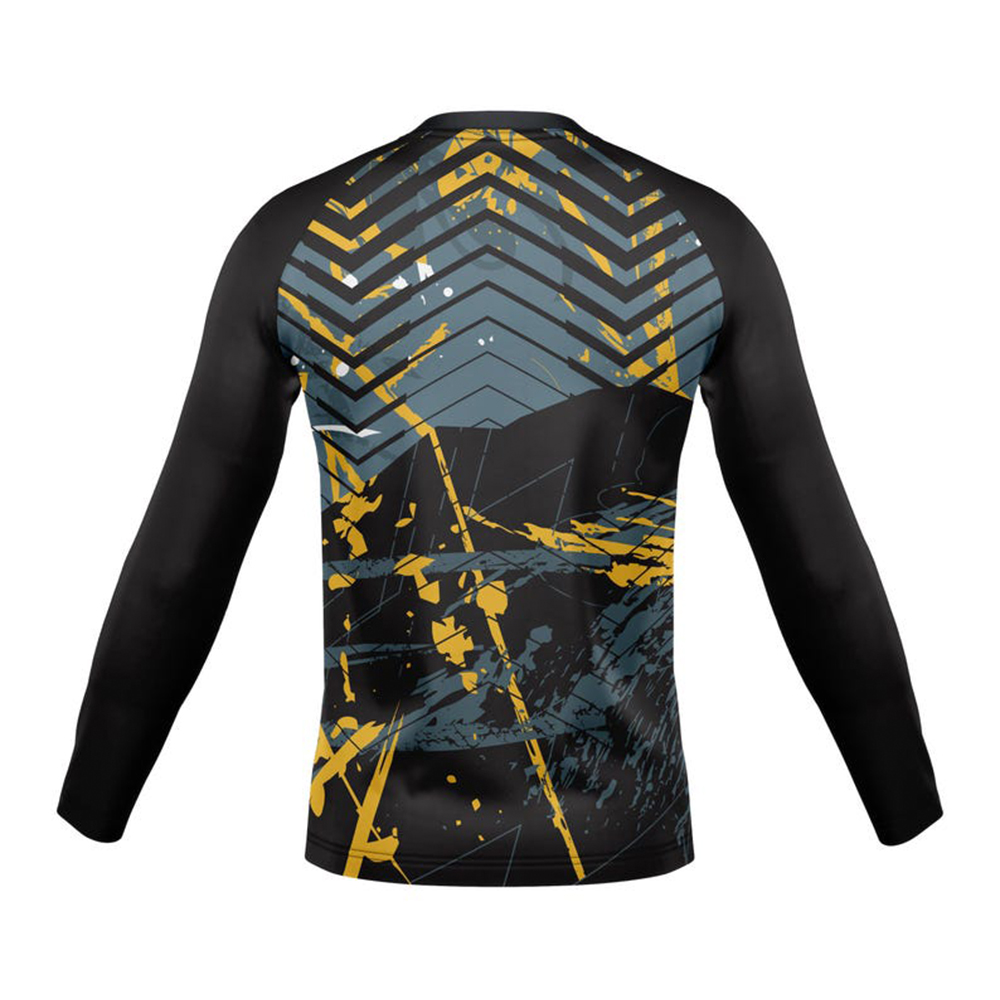 Men's BJJ MMA Long Sleeve Rash Guard - Black & Yellow Compression Shirt - Image 2